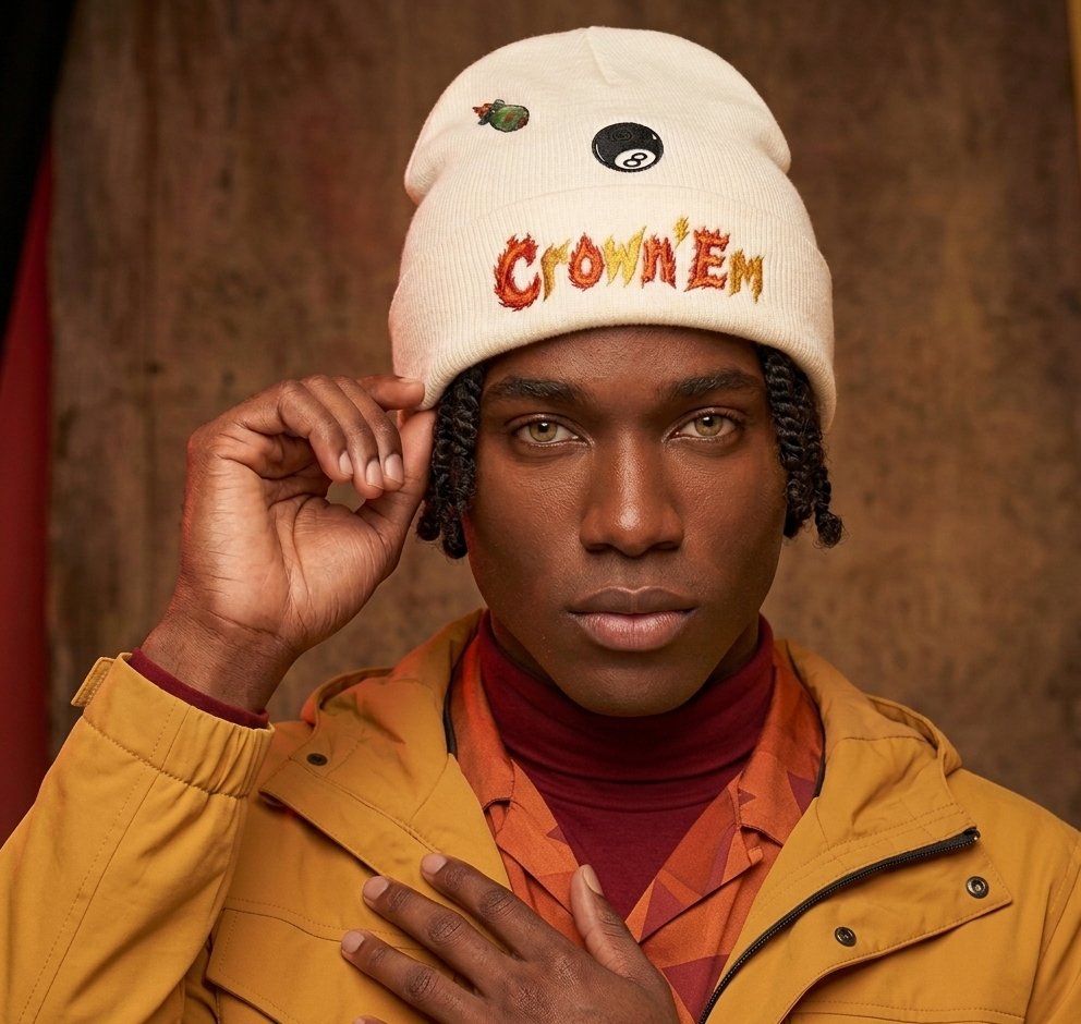Person wearing a beige beanie with 'Crown'Em' text, yellow jacket, and red turtleneck against a textured brown background.